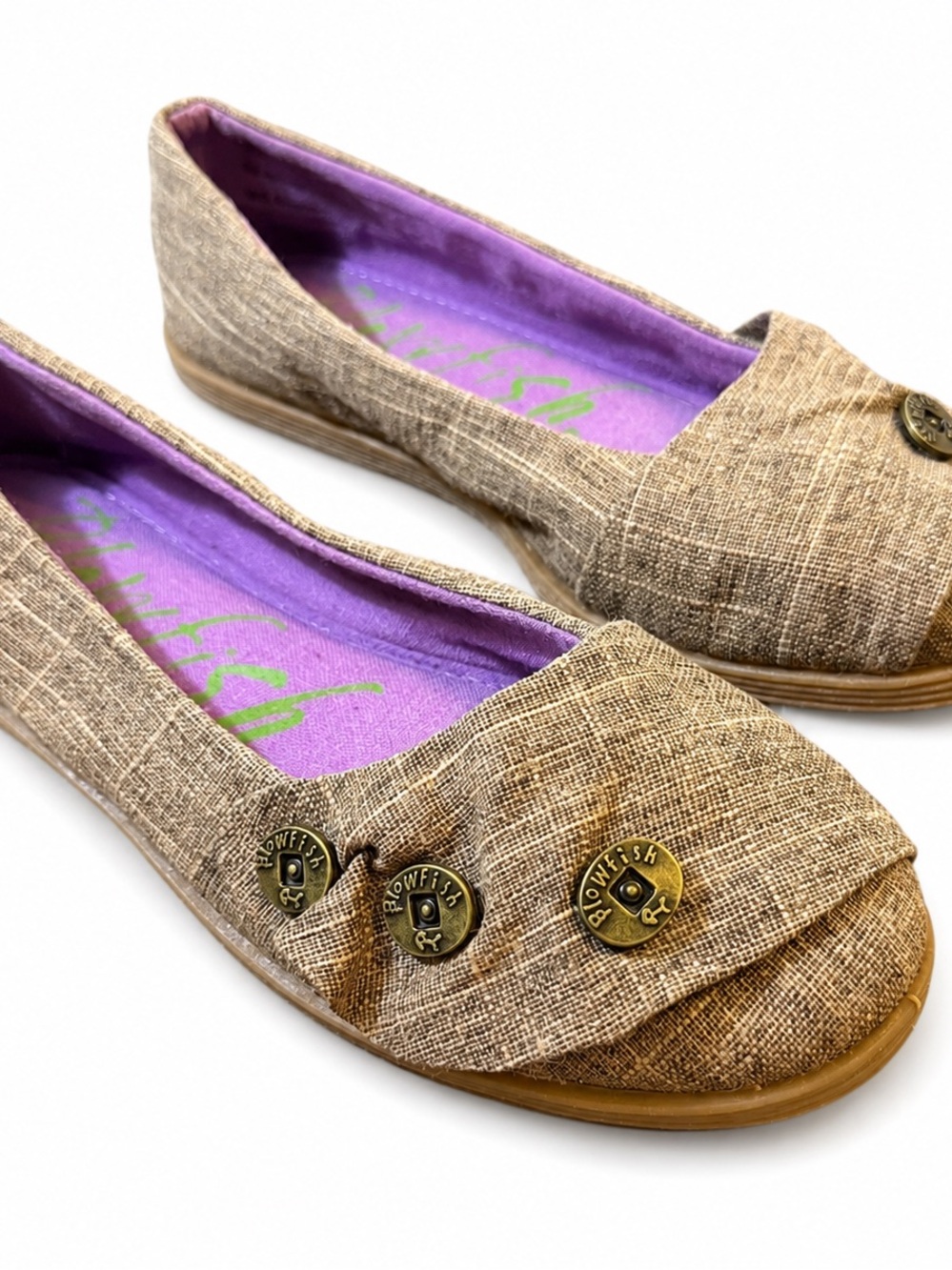 Blowfish Malibu Tan Linen Flats Button Accent Slip On Shoes Womens Size 6